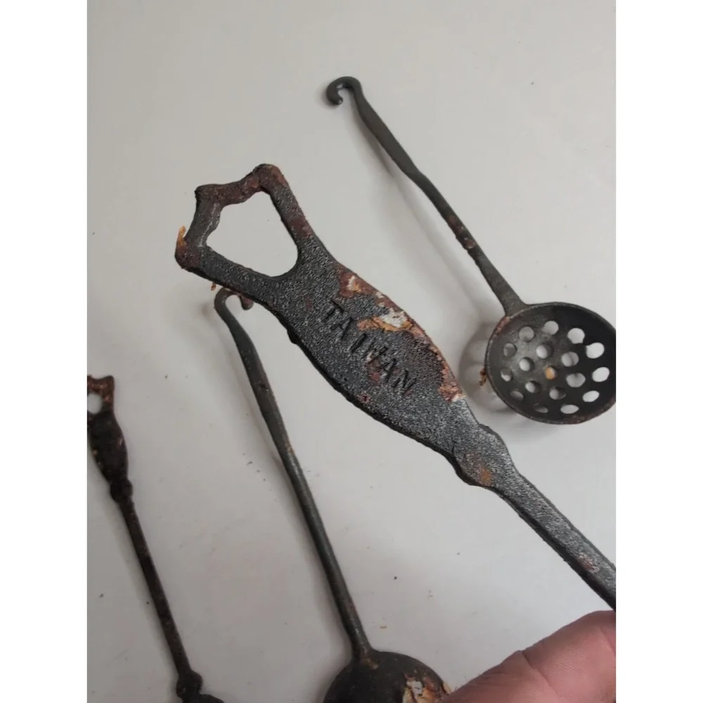 Lot Of 5 Vintage Cast Iron Kitchen Tools Taiwan Smelting Spoon Fork Hooks